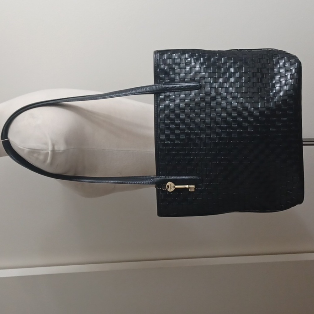 Fossil black leather woven tote bag